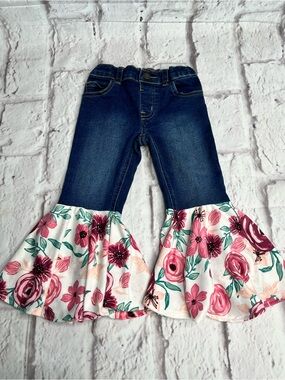 Girls upcycled Dark Blue Denim Bell Bottom Jeans with Pink Floral Ruffle size 2T